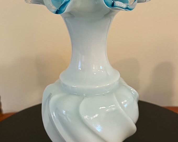 Vintage Fenton Silvercrest Jamestown Wave Crest Blue Ruffled Top with White Overlay Vase Lover Antiques and Vintage