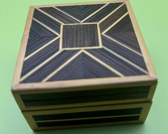 Vintage Wood with Marquetry Inlay Jewelry Box Trinket Box Lover Antiques and Vintage