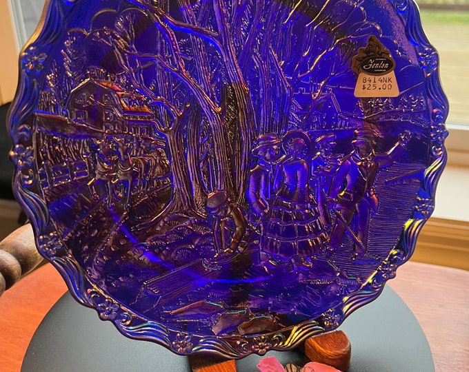 Vintage Fenton Winter Pastime No. 4 in a Series of 4 Handmade Heavy Pressed Glass Plate Rich Carnival Iridescent Purple Blue Color