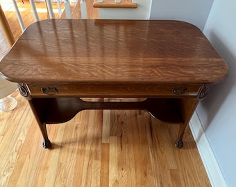Antique Oak Claw Foot Table: Carved Wood Console Table, 1920s