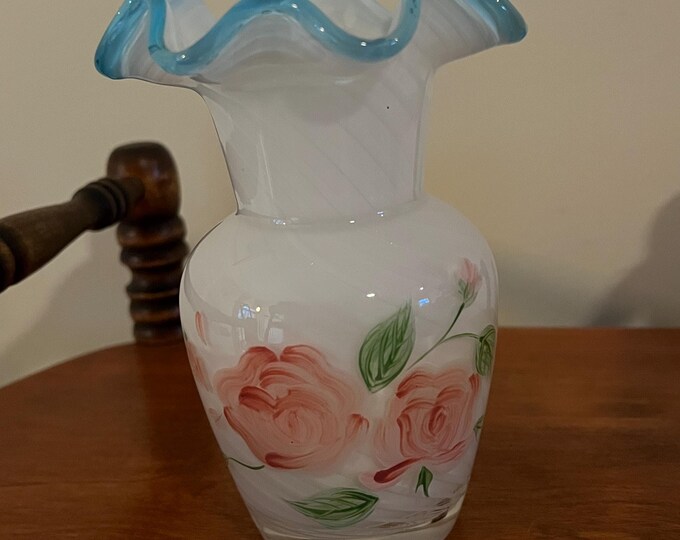 Vintage Fenton Vase Hand Painted with Roses and Ruffled Top Pretty Home Decor Lover Antiques and Vintage