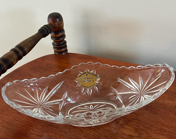 Vintage Anchor Hocking Crystal Cut Gondola Dish Glass Long Bowl Star of David Design Glass Art Lover Antiques and Vintage