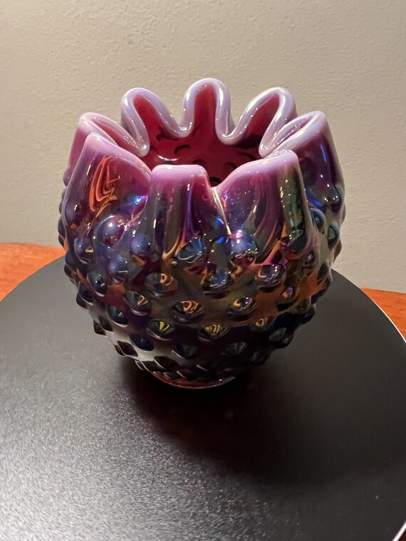 <HKさま専用＞フェントン ブルーイリデセントグラス・プラムクレスト コンポート Vintage Fenton Plum Iridescent Hobnail Glass Rose Bowl #3323