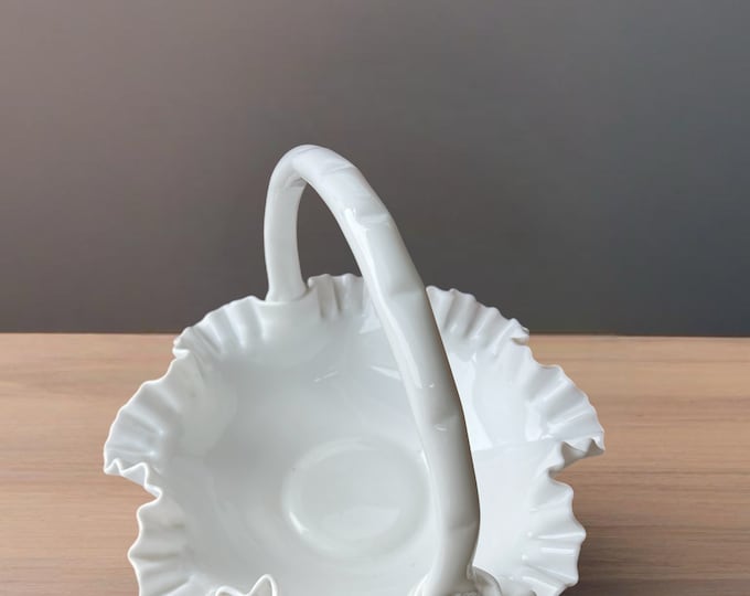 Fenton White Milk Glass Basket: Large Hobnail Ruffled Art Glass