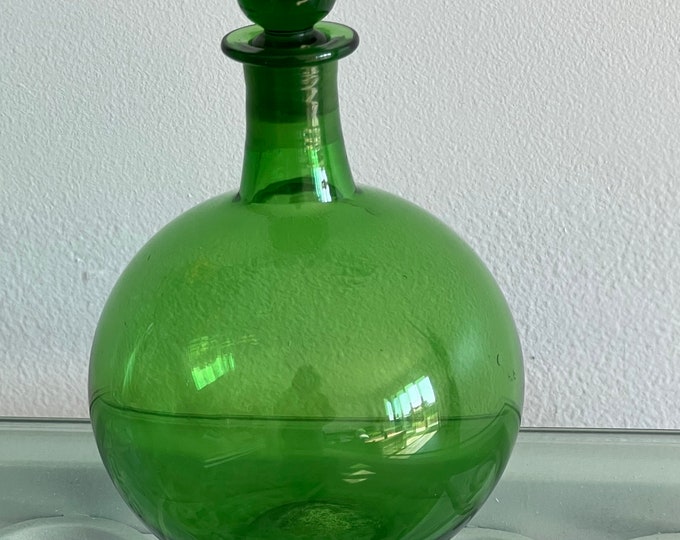 Vintage Emerald Green Glass Bottle with Stopper, Green Glass Decanter, Lover Antiques and Vintage