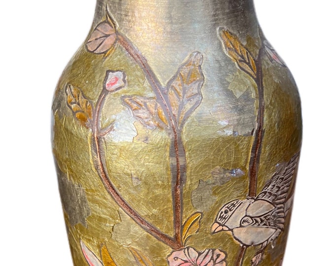 Antique chinese bronze vase hand painted and engraved with colorful birds on blooming tree