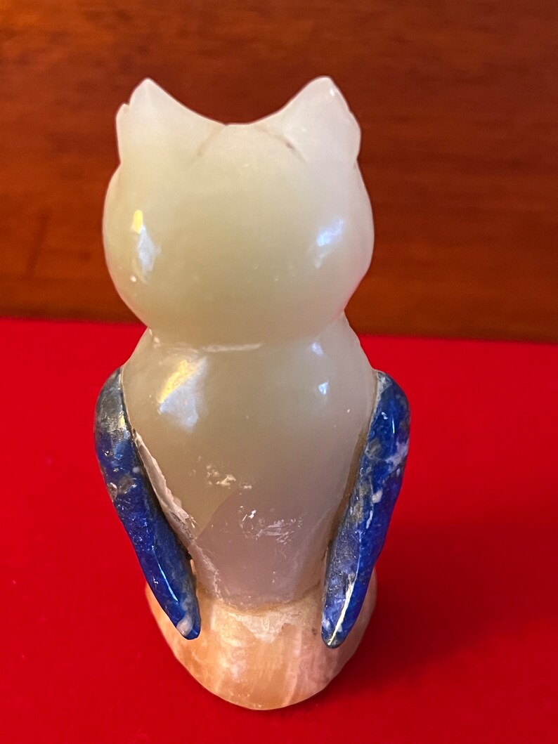Vintage White Quartz Owl With Blue Eyes, Owl With Heart Quartz Base
