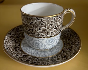 Vintage Royal Worcester Porcelain Tea Cup and Saucer with Gold Gilding Brown and Blue Flowers Lover Antiques and Vintage