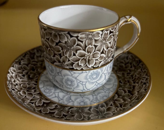 Vintage Royal Worcester Porcelain Tea Cup and Saucer with Gold Gilding Brown and Blue Flowers Lover Antiques and Vintage