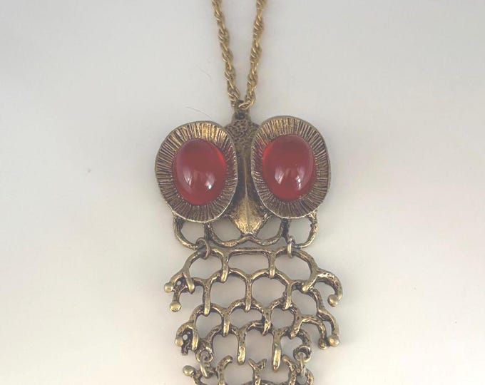 Vintage Large Red Eyed Articulated Owl Pendant Gold Necklace Lover Antiques and Vintage