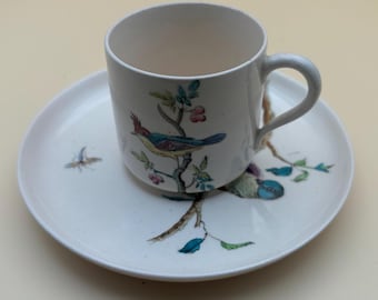 Antique Ridgway Indus Porcelain Tea Cup and Saucer Blue Bird Victorian