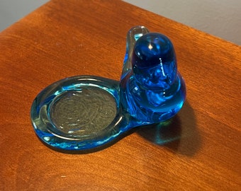Vintage Blue Art Glass Bluebird of Happiness with Bird Bath, Signed Ron Ray 1995
