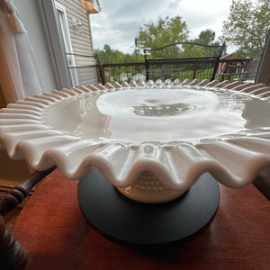 Vintage Fenton Milk Glass Cake Stand: Hobnail Ruffled Display, White Home Decor