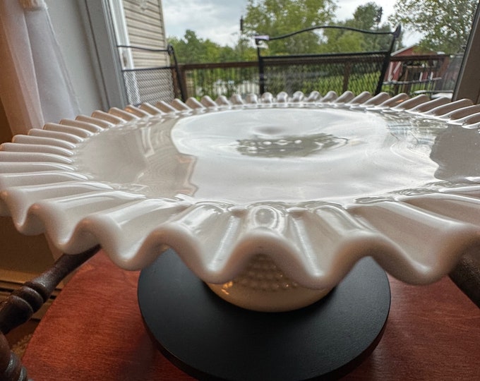 Vintage Fenton Milk Glass Hobnail Ruffled Cake Stand Display Large White Home Decor Glass Art Lover Antiques and Vintage