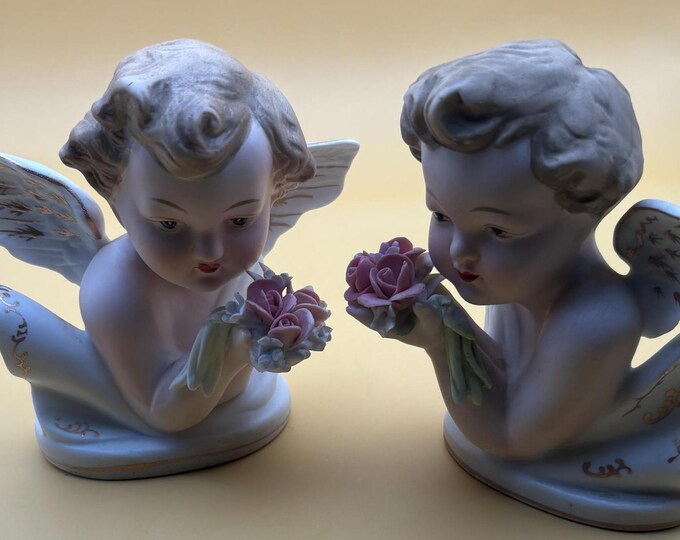 Vintage Lefton Cherubs Hand Painted Porcelain Figurines Set of 2 Angels Lover Antiques and Vintage