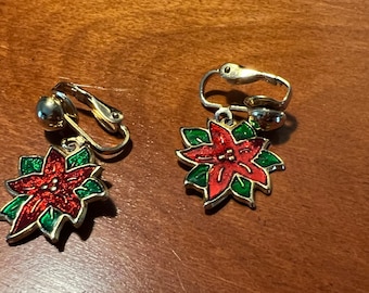Vintage Poinsettia Enamel Red drop down clip on Earrings gold tone holidays Christmas flower earring jewelry