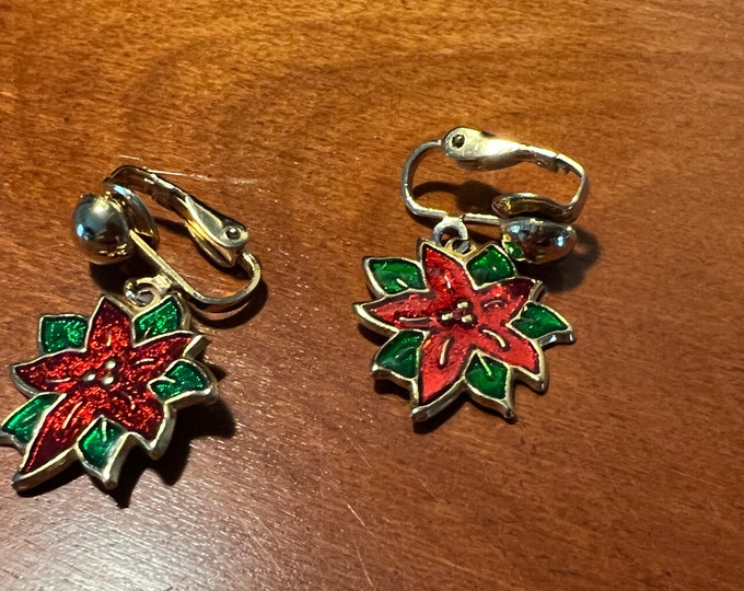Vintage Poinsettia Enamel Red drop down clip on Earrings gold tone holidays Christmas flower earring jewelry
