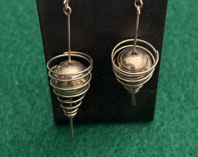 Vintage Silver Spiral Dangle Earrings, Coiled Sputnik Jewelry Gifts Lover Antiques and Vintage