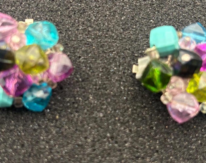 Vintage Earrings Clip on West Germany Multi Colored Stones Lover Antiques and Vintage