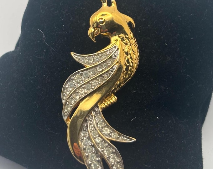 Van Dell Gold Rhinestone Parrot Brooch