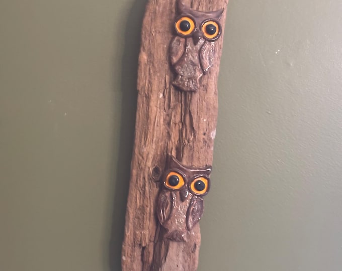 Driftwood Two Owl Sculpture, Wood Owls Wall Hanging Art, One of a Kind Owl Artwork, Lover Antiques and Vintage