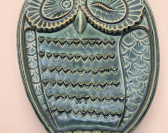 Vintage Ceramic Owl Trivet, Green Retro Decor, 1970s Ceramic Owl Trivet, Unique Gift for Her or Him