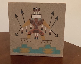 Vintage Navajo Sand Art Signed by Ernest Hunt of New Mexico Southwestern Artwork Southwest Lover Antiques and Vintage