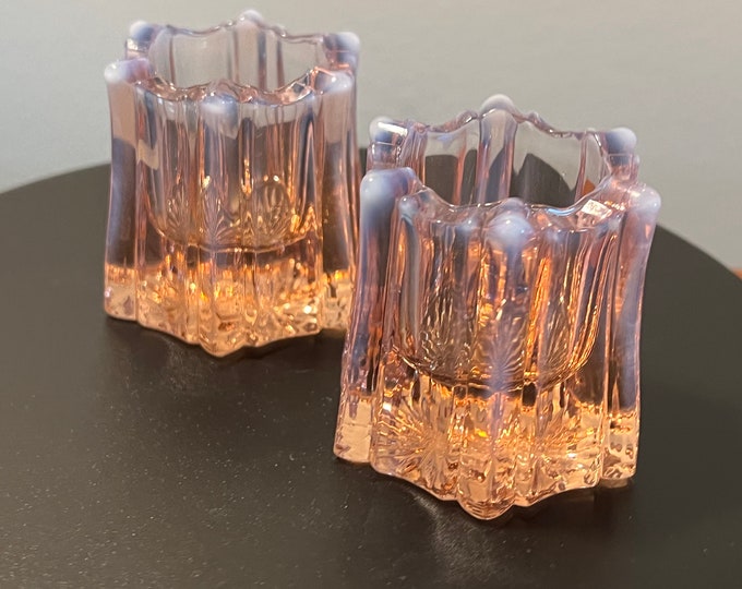 Vintage Fenton Vulcan Pink Cranberry Opalescent Pair of Votive Candle Holder Vases Toothpick Small Container Glass Art Lover Antiques