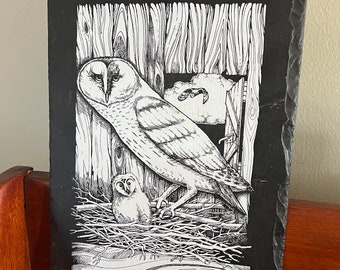 Vintage Barn Owl Slate Wall Hanging, Plaque Jack Crane Cedar Point Souvenir Frank Weng, Etching of Owl, Lover Antiques and Vintage