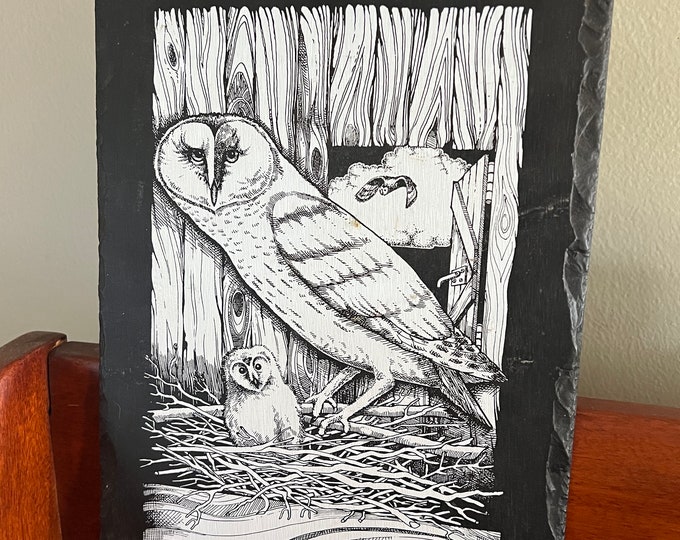 Vintage Barn Owl Slate Wall Hanging, Plaque Jack Crane Cedar Point Souvenir Frank Weng, Etching of Owl, Lover Antiques and Vintage