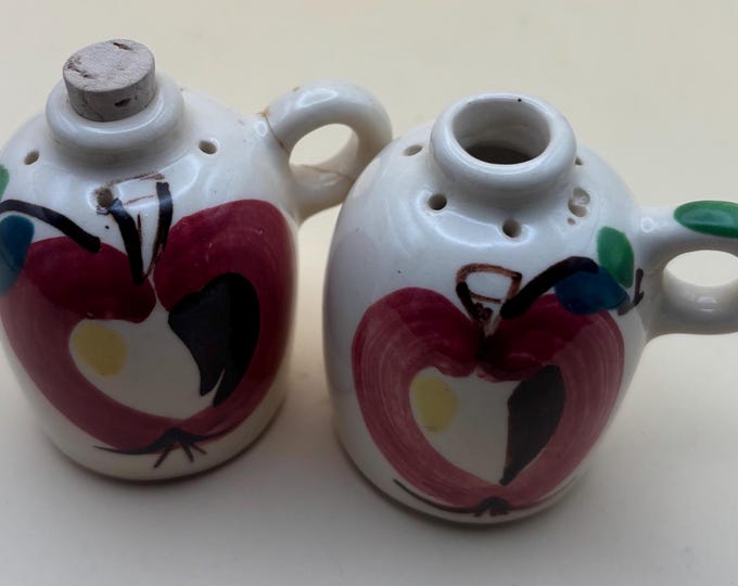Vintage Purinton Pottery Hand Painted Green and Blue Leaves Salt & Pepper Shakers Apple Motif Ceramic Lover Antiques and Vintage