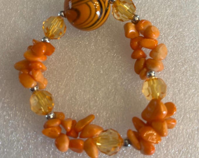 Vintage Orange Sponge Coral Striped Agate Bead Bracelet Lover Antiques and Vintage