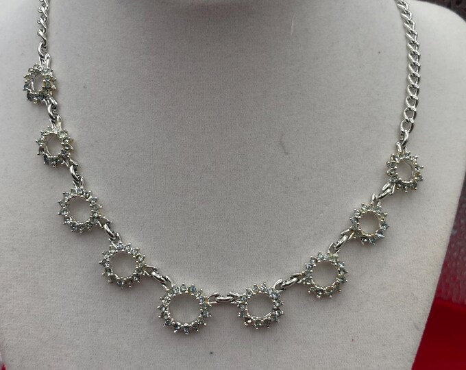 Vintage Rhinestone Starburst Choker Necklace, Silver Tone Open Circle Jewelry