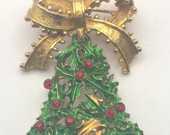 MYLU Christmas Bell Tree Brooch, Enamel Colorful Holiday Pin, Red Rhinestone Holiday Jewelry