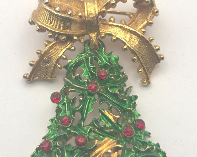 MYLU Christmas Bell Tree Brooch, Enamel Colorful Holiday Pin, Red Rhinestone Holiday Jewelry