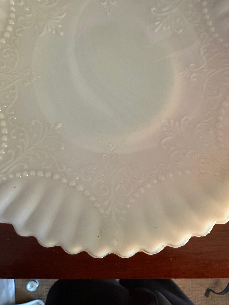 Depression Milk Glass White Monax Petalware Salad Plate, 8” Lace Pattern White Special Glass Plate Lover Antiques and Vintage image 6