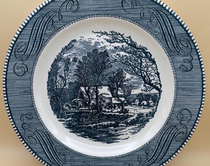 Vintage Snow Covered Bridge with Horse Drawn Carriage Design Royal Ironstone Cavalier Blue & White Plate Platter Lover Antiques and Vintage