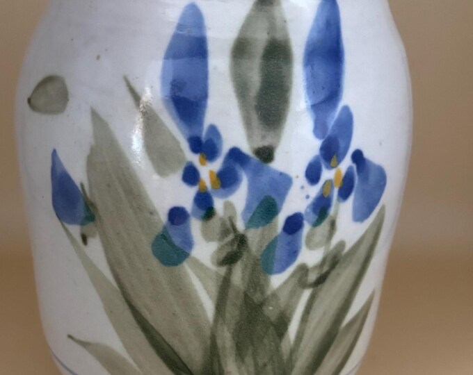 Hand Painted Ceramic Vase, Blue Green Iris Floral Design, Utensil or Pen Holder, Great Gift, Lover Antiques and Vintage