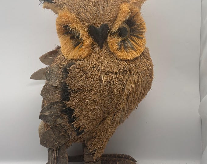 Handmade Rustic Owl Sculpture, Folk Art Standing Owl Bird, Stands 12" High
