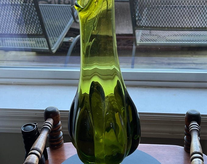 Vintage Viking Epic Avocado Green Swung Vase, Green Swung Glass Vase, Viking Green Vase with Pedestal, Lover Antiques and Vintage