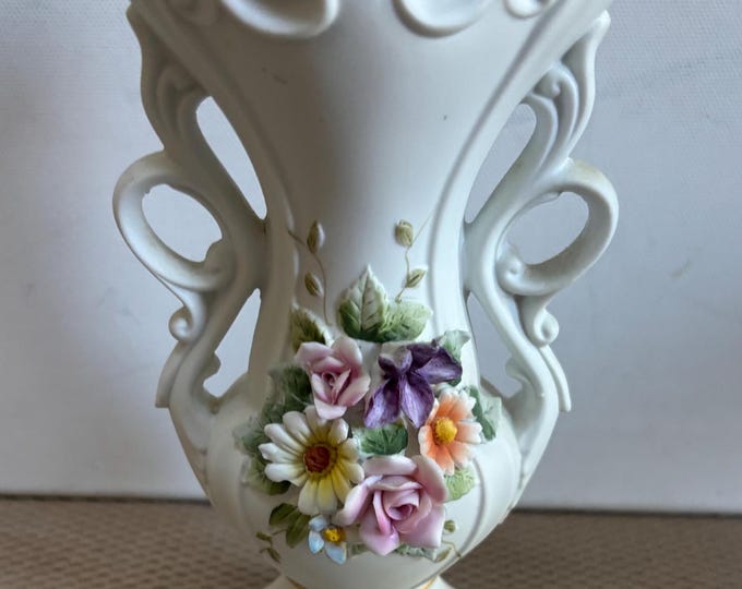 Vintage Lefton Vase with Double Handles Capodimonte Roses Hand Painted Porcelain Statue Number KW9209 Lover Antiques and Vintage