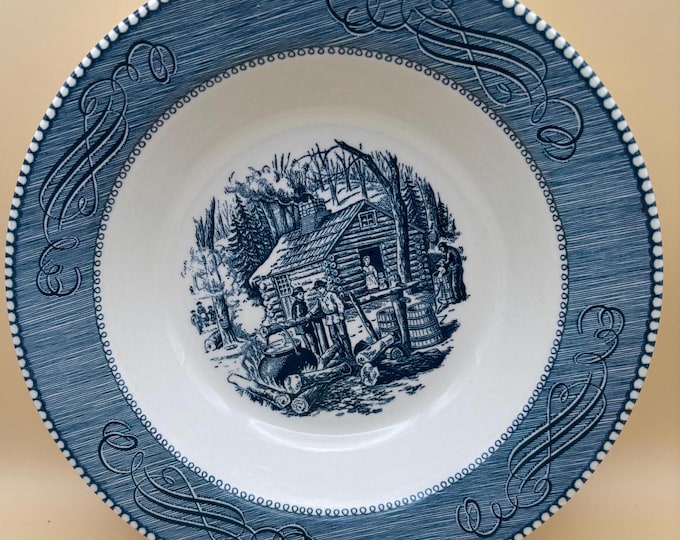 Vintage Currier & Ives by Royal China Bowl Blue White Outdoor Fire Side Near Cabin Scene Lover Antiques and Vintage