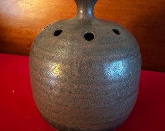 Vintage Takahashi Brown Pottery Flower Frog Vase - San Francisco, Japan