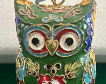 Vintage Green Cloisonné Brass Owl Figurine, Enameled Owl Statue, Colorful Gift