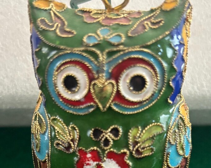 Vintage Cloisonné Brass Enameled Tall Standing Owl Statue Colorful Enameled Owl Figurine Lover Antiques and Vintage