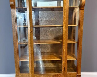Antique Tiger Oak Cabinet Bookcase, 4 Shelf Library Case American Arts & Crafts Glass Door Cabinet, Lover Antiques and Vintage