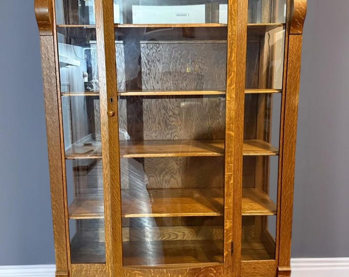 Antique Tiger Oak Cabinet Bookcase, 4 Shelf Library Case American Arts & Crafts Glass Door Cabinet, Lover Antiques and Vintage
