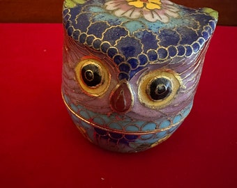 Vintage Cloisonné Enamel Owl Trinket Box: Cobalt Blue & Brass