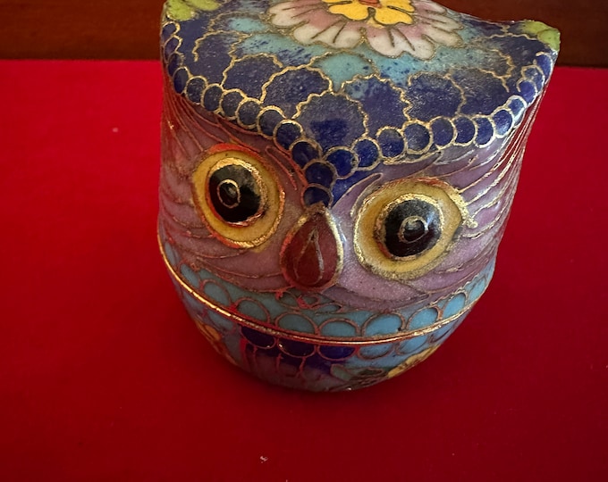 Vintage Cloisonné Enamel Owl Statue with Brass Base, Colorful Enameled Cobalt Blue Owl Figurine, Lover Antiques and Vintage