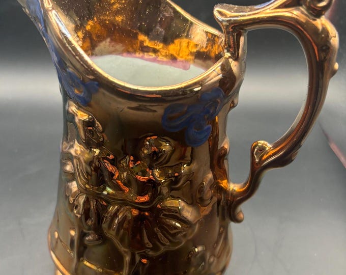 Antique Stafforshire Hand Painted Copper Lustreware Pitcher Circa 1880’s Dancing Couple Lover Antiques and Vintage